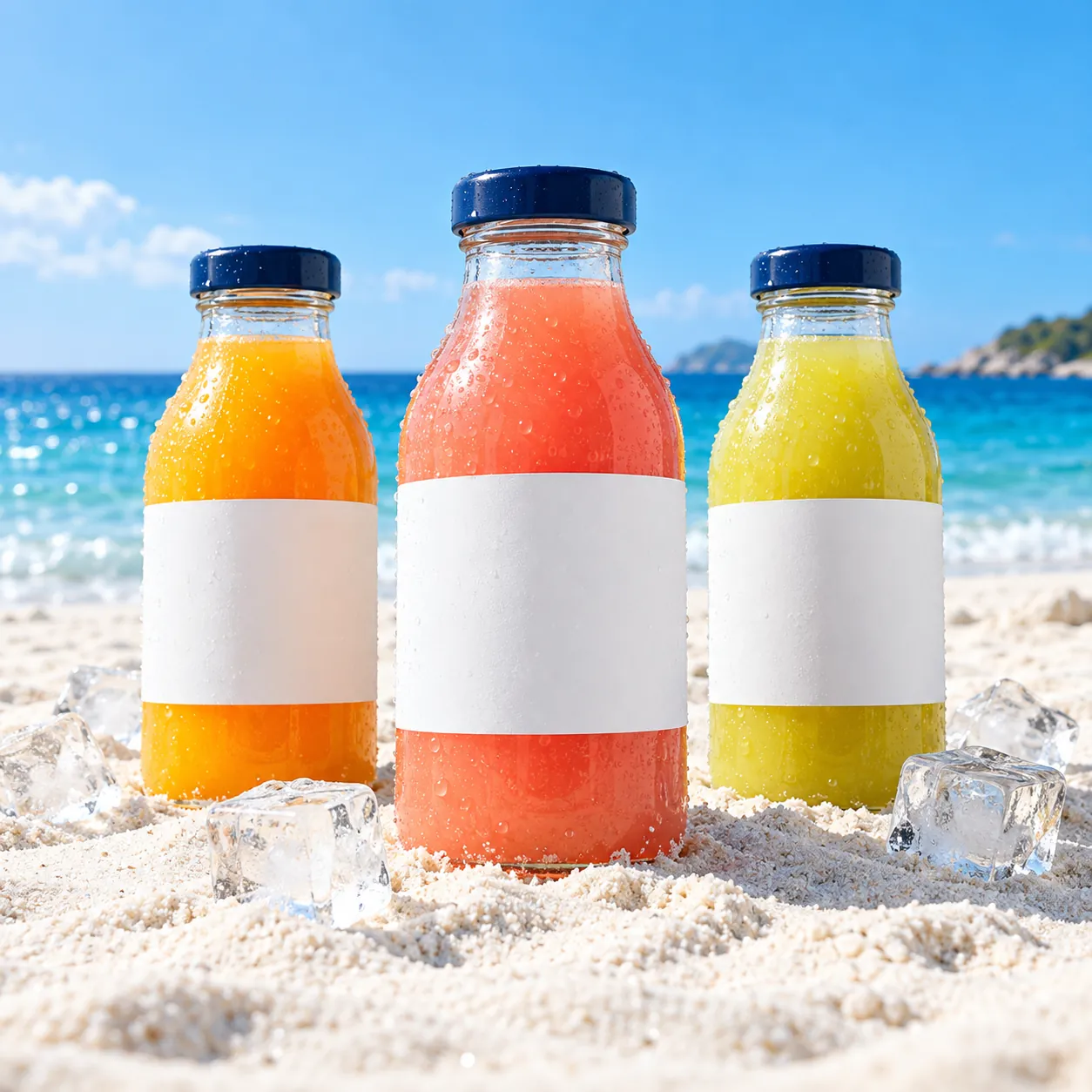 夏の海辺に並ぶ3本のボトル